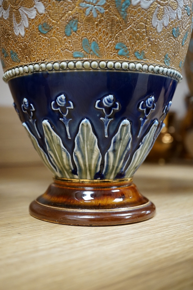 A pair of Doulton stoneware floral vases and a pair of similar jugs, largest 36cm high. Condition - good